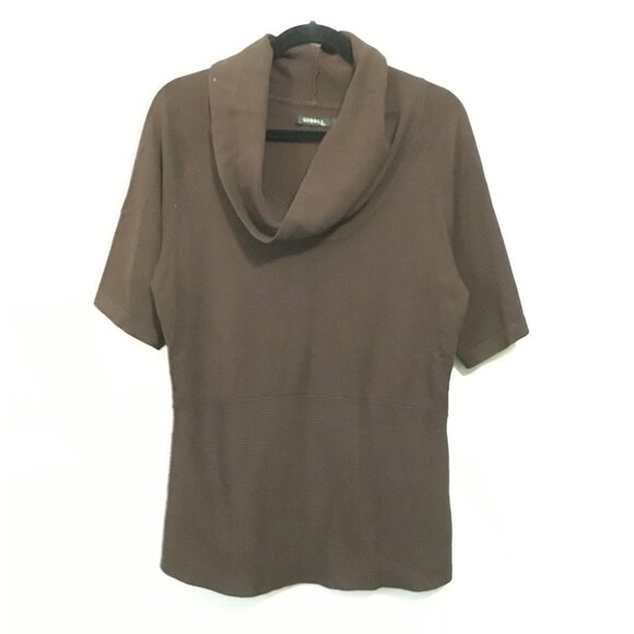 Brown Cowl Neck Ribbed Waist Short Sleeve Sweater - Picture 3 of 16